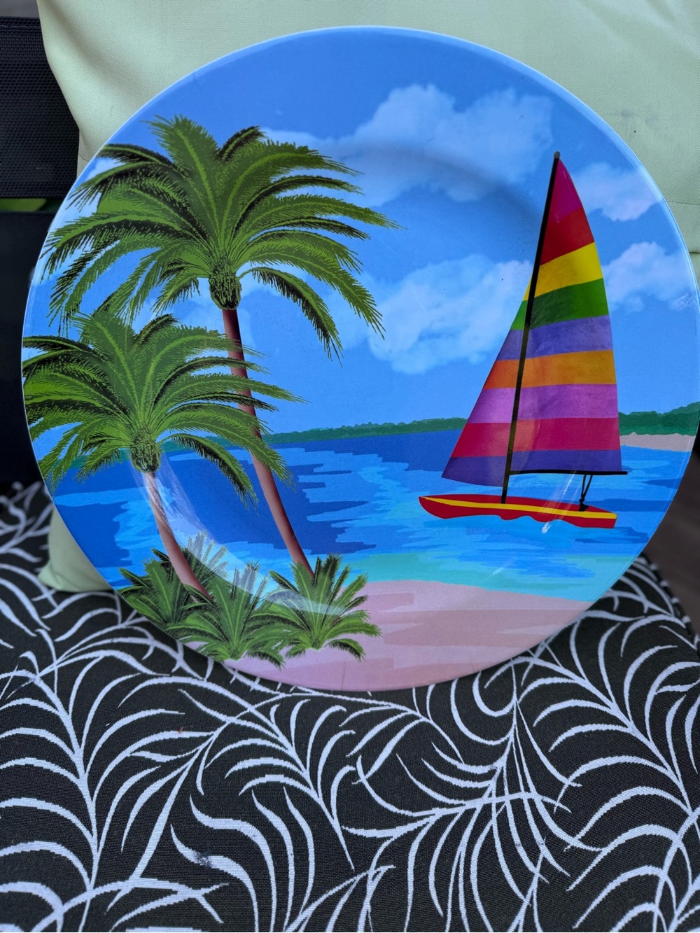 Tropical Beach Round Decorative Serving Platter with Colorful Sailboat 16’inch R